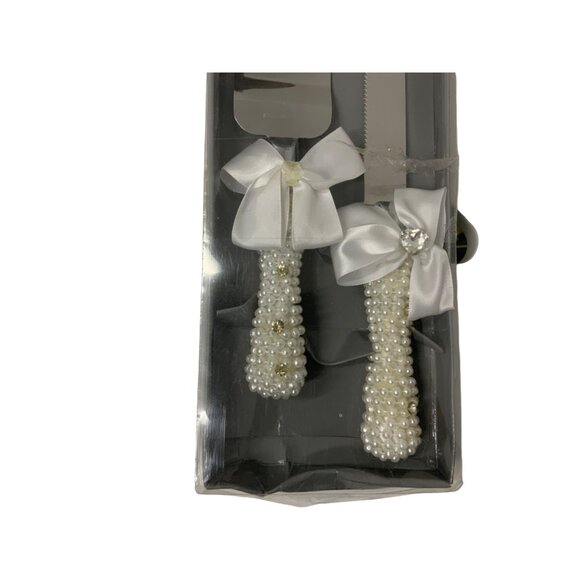 Pearl Handle Wedding Cake Knife & Server Set With White Ribbon Details - Picture 2 of 2
